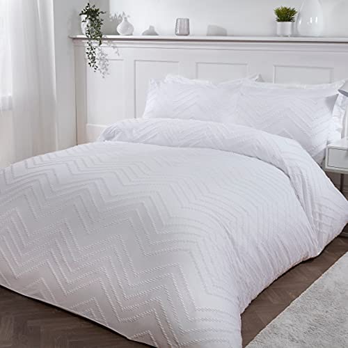 Sleepdown Tufted Wave Stripe Nordic Geo White Soft Cosy Easy Care Luxury Duvet Cover Quilt Bedding Set with Pillowcases - Super King (260cm x 220cm)