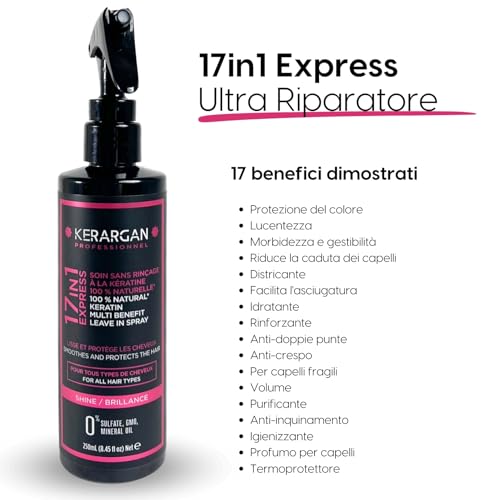 Kerargan - Lozione Tonica Alla Cheratina Per Capelli Brillanti E Fortificati - Idratante, Districante, Termoprotettore - Anti-Crespo E Volume - Senza Solfati, Ogm Né Oli Minerali - 250Ml - 2