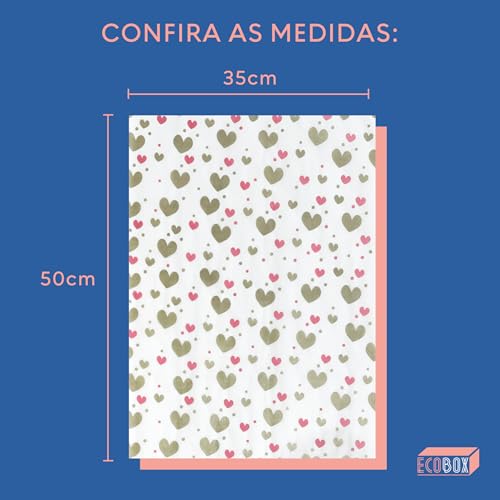 Papel De Seda Premium Estampa Coração Metalizado 35x50cm 100 Folhas Cor:Dourado com Vermelho