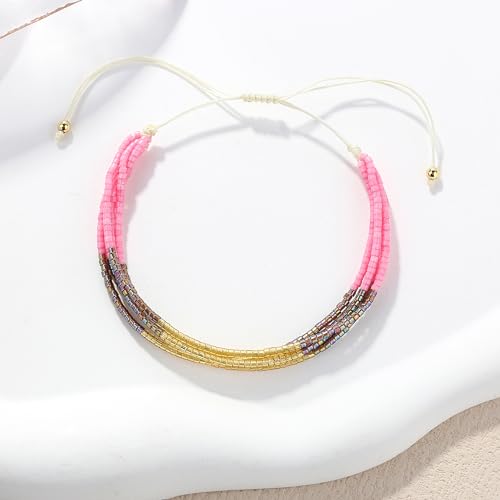 Image of KELITCH Shell Beaded Bracelets Multi Strands Bracelets Adjustable Bohemian Style Charm Bangles (Pink 1D)