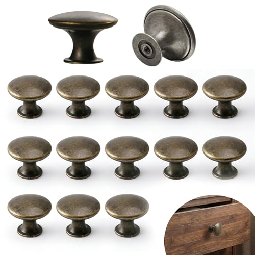 Horktrust Tiradores Armarios Vintage de Bronce Antiguo, Set de 15 Pomos Redondos para Cajones y Puertas de Cocina, Tiradores Dorados Retro con Tornillos para Muebles