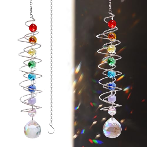 WYYFXY® 45 cm Kristall Sonnenfänger Dekorativer Kristall Windspiel Bunt Hängender Suncatcher Doppelspirale Windspiel Lichtfänger für Draußen Hängend