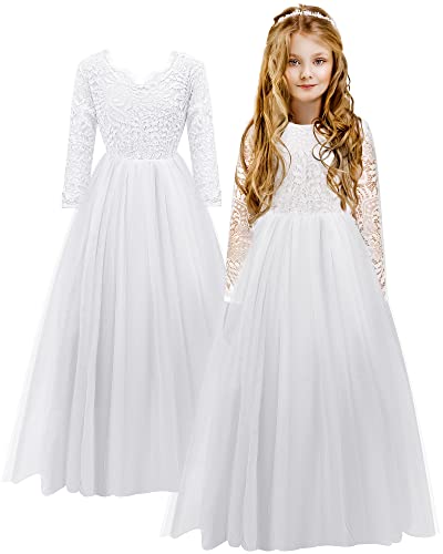 2 Stück Blumenmädchen Kleider Hochzeit volle Länge A Linie Gerade Tüll Tutu Spitze Rücken Party Formal Festzug Tanzkleid für Mädchen, Weiss/opulenter Garten, Einheitsgröße Cover