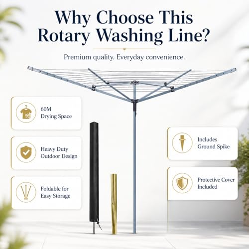 KAYNUR 4 Arm Rotary Washing Line for Outdoor Clothes Drying - 40M, 50M, 60M Options with Foldable Design, Ground Spike & Protective Cover - Image 2