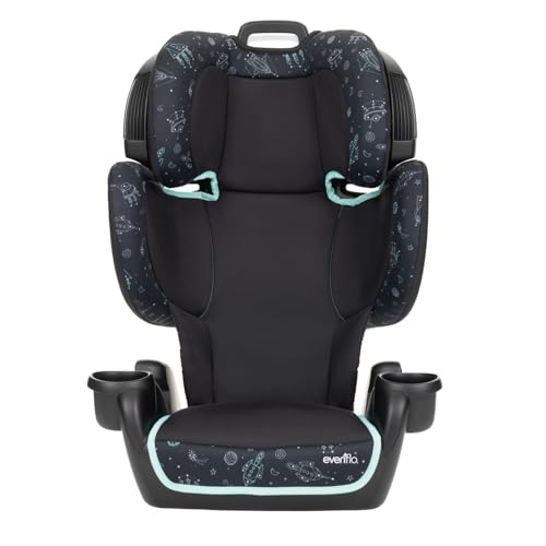 Evenflo GoTime LX Booster Car Seat in Astro Blue color, highback booster configuration with overlapping head and body side wings, 7-position height adjustment knob visible, two built-in cup holders shown on armrests