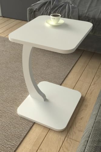 Image of Modern C-Shaped Side Table for Sofa & Bed - Multi-Purpose Laptop Table, Snack Holder, Book & Plant Stand - Compact & Sturdy Bedside Table (Brown) (White 1)