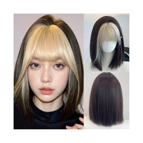 Perruque synthétique courte et lisse noire frange blonde femme coupe carré lisse