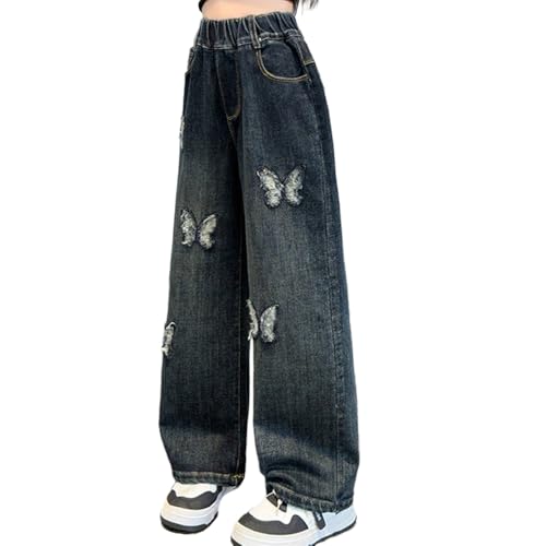 Tween Girls Baggy Jeans Y2k, Elastic Waistband Butterfly Embroidery Straight Leg Denim Pants with Back Pockets3