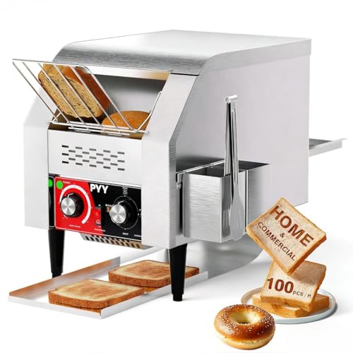 Image of PYY Commercial Conveyor Toaster 100pcs /h - Electric Conveyor Belt Toaster for Toast, Bun, Bagel, Bread, Heavy Duty Stainless Steel Toaster Oven for Restaurant, Bakery, Buffet Use