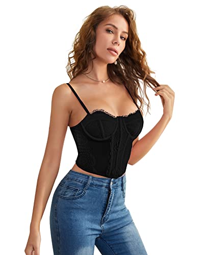 Lace Corset Top Women Mesh Bustier Top Vintage Open Back Crop Tops Spaghetti Strap Corset Boned Going Out Party Black L #TOP3