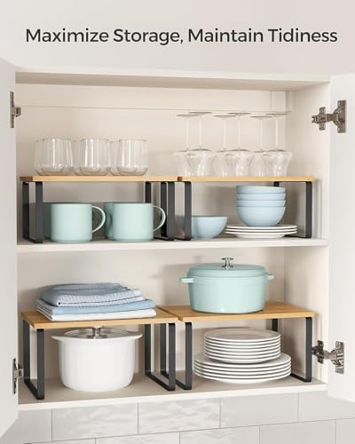 Image of TEKCOOL Cabinet Organizer Shelf, Set of 2 Kitchen Counter Shelves, Kitchen Storage, Spice Rack, Stackable, Expandable, Metal and Engineered Wood, Black and Natural (Wooden)