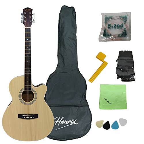 Image of Henrix 40CE 40 Inch Cutaway Linden Wood Electro-Acoustic Guitar With Dual Action Truss Rod, Gigbag, Picks, String Set, String Winder, Strap, Polishing Cloth & Ebook - Natural