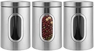 MUKLEI 3 Pack Window Canister, Coffee Canister with Transparent Windows, Stainless Steel Round Canister, Kitchen Storage Canisters for Coffee Beans, Tea, Sugar, Nuts, Grain