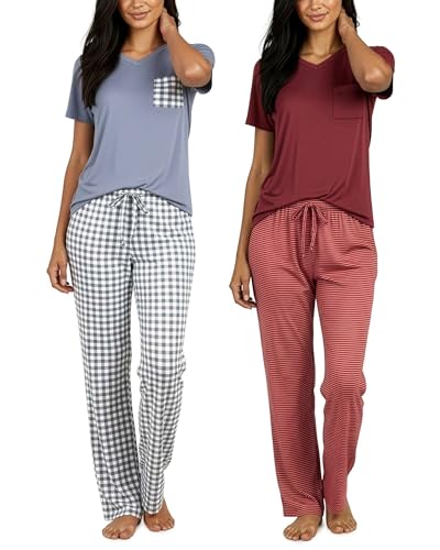 Real Essentials 2 Pack: Women's Pajama Set - Choose from Short Sleeve with Pocket or Long Sleeve without Pocket