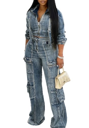 Tbahhir Womens 2 Piece Sets Denim Outfits Long Sleeve Crop Jean Jackets Cargo Pants with Pockets Y2k