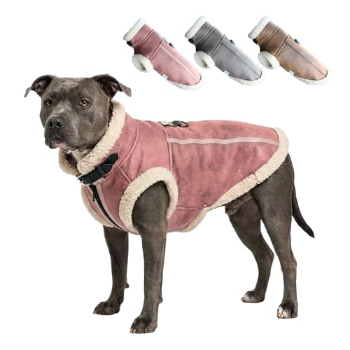 LUVMOJO Retro Aviator Dog Jacket – Faux Leather Winter Coat with Plush Sherpa Fleece Lining for Dogs, Pilot Style Costume for Extra Large Puppies, Bomber Windbreakers for Boy & Girl Doggie, Pink XXL