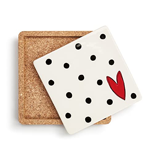 Demdaco Dots And Heart Glossy White 7.5 Inch Stoneware Cork Base Trivet #TOP1