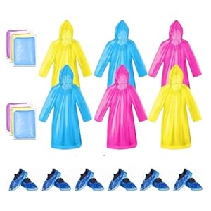 6 Pack Emergency Waterproof Poncho with Drawstring Hoods and Shoe Covers Transparent Lightweight Rain Coats for Travel Hiking Camping Cycling & Outdoor Activities