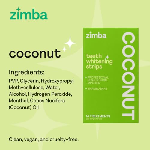 Image of Zimba Coconut Flavored Teeth Whitening Strips | Vegan, Enamel Safe Hydrogen Peroxide Teeth Whitener for Coffee, Wine, Tobacco, and Other Stains | 7 Day Treatment |Coconut