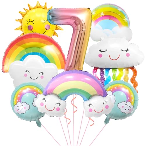Decoração de aniversário de arco-íris 7, balão de papel de alumínio nuvens, número 7, balões, nuvens, borlas, balões de hélio, sol, para meninos e meninas, decoração de festa de aniversário