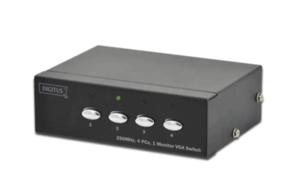 DIGITUS Profesjonalny przełącznik wideo VGA, 4 wejścia - 1 wyjście, 250 MHz, do 1920 x 1080 pikseli, w zestawie zasilacz