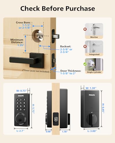 Philips Smart Lock, Smart Door Lock Built-in WiFi, App Remote Control, Keyless Entry Door Lock for Front Door, Deadbolt Lock Auto Lock, Support Alexa & Google, IP54 Waterproof, Black - image 9