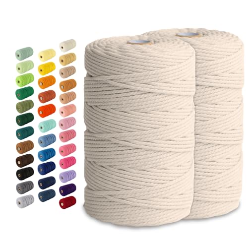2 Pack Macrame Cord - 3mm 220 Yards Cotton Rope, 4mm 5mm Yarn, String for Crafts, Perfect for Macrame Wall Hanging and Boho Decorations (Milkcream)