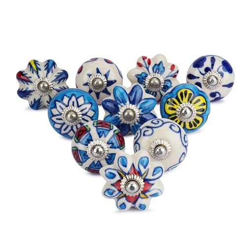 Ajuny Lot de 10 Boutons en Céramique Bleu et Blanc – Poignées de Meuble Décoratives pour Tiroirs Coffre Placards Cuisines Salles de Bain Commodes et...