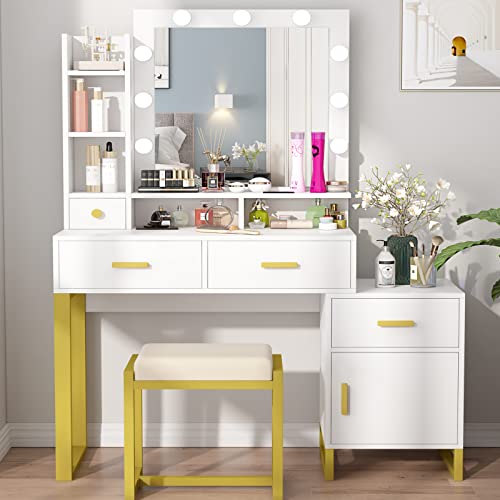 Pakasept Makeup Desk With Mirror And Lights, Desk And Chair, Vanity Table Set With Cushioned Stool, Shelves & Drawers, Storage Cabinet For Bedroom, White #TOP3
