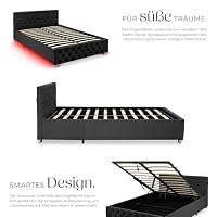 tectake® Polsterbett, 140x200cm, mit LED-Beleuchtung, Bettkasten, Chesterfield, 250kg Belastbarkeit, Gasdruckfeder, Lattenrost, Schlafzimmerbett, Doppelbett, Stauraumbett - Samtoptik schwarz – Ansicht 4