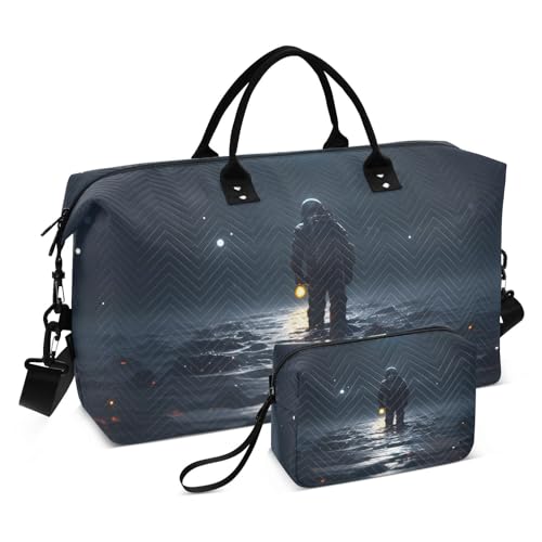 Large Travel Duffel Bag, Moon and Astronaut Sports Tote Gym Bag, Shoulder Weekender Overnight Bag for Women Men, Carry On Luggage with Toiletry Bags