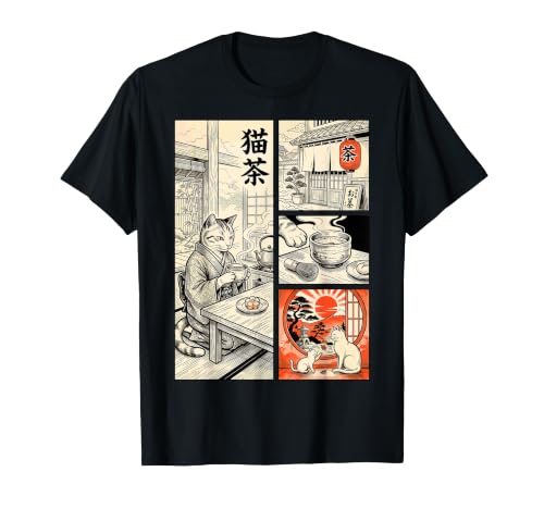 Ukiyo-e Japonais Chat Matcha Café Comic Ukiyo-e Maison de Thé Jardin Art T-Shirt