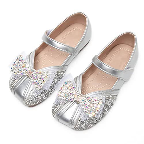 Yiblbox Girls Rhinestone Bow Mary Jane Flats Ballerina Princess Shoes Silver #TOP13