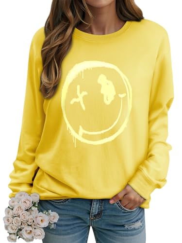 WIEIYM Women Sweatshirt Smile Face Crewneck Pullover Long Sleeve T Shirt Graphic Print Basic Tops Causal Jumpers S-XXL