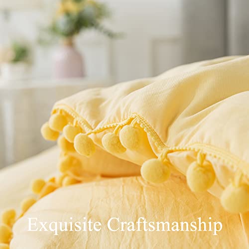 Caressma Pom Pom Fringe Boho Duvet Cover Set Queen Size, Soft Washed Microfiber 3Pcs Bedding Duvet Cover, All Season Yellow Comforter Cover Set With Zipper Closure (1 Duvet Cover+2 Pillowcases) #TOP5