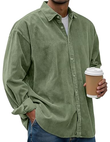Eisctnd Mens Corduroy Shirt Jacket - Button Down Long Sleeve Casual Streetwear Loose Fit Lightweight Shacket for Spring Fall(ArmyGreen-L)