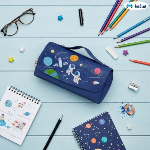 Image of FunBlast Multi-Purpose Pouch - Double Compartment Large Capacity Pouch - Happy Planet Zipper Pencil Case for Kids, Pencil Box for Kids, Stationary Pouch for Students School Supplies (Navy Blue-A)