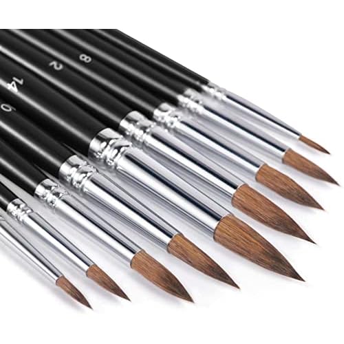 Sable Watercolor Brushes, Fuumuui 9pcs Detail to Mop Sable Brushes Round Pointed Professional Water Color Brushes Perfect for Watercolor Gouache Acrylic Ink Painting Black