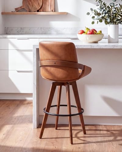 Image of AQG Counter Height Bar Stools, Mid Century Modern Bar Chairs Swivel with Back, Faux Leather Upholstered Barstools Walnut Wood Frame for Kitchen Island (Brown, 26 Inch - 1 PCS)