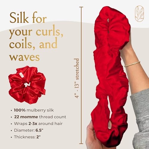 Image of Silk Scrunchies Ponytail Holders - Oversized Mulberry Silk Scrunchies - Extra Large No Damage Hair Ties for Curly, Thick, and Thin - Hair Accessories for Women - Poppy Razzi Red, XL By Curlfriend