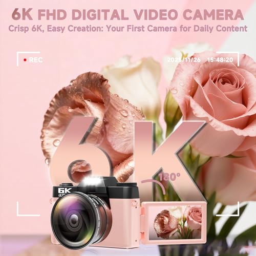 Image of 6K Digital Camera for Photography Autofocus, 64MP WiFi Vlogging Camera for YouTube with 3 inch 180 Flip Screen 16X Zoom, 64GB SD Card & 2 Batteries Pink Compact Travel Camera for Beginners Teens