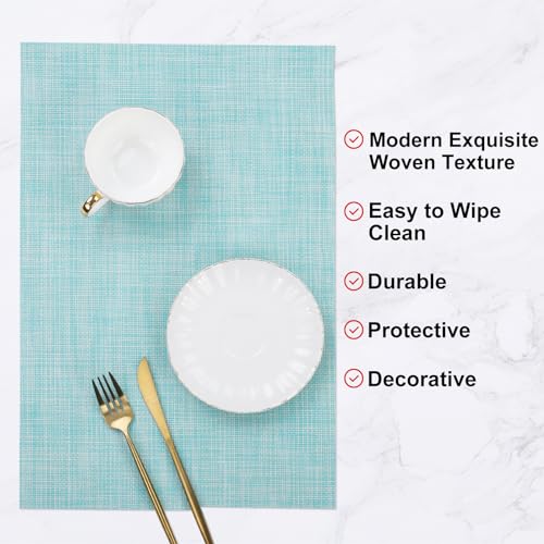 SHACOS Placemats Set of 6 Woven Vinyl Place Mats Wipeable Heat Resistant Washable Table Mats Indoor Outdoor, Blue