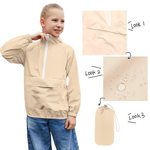 Image of MODAFANS Girls Boys Rain Jacket Lightweight Waterproof Packable Hooded Half zip RainCoats Windbreaker for Outdoor 4-13Year