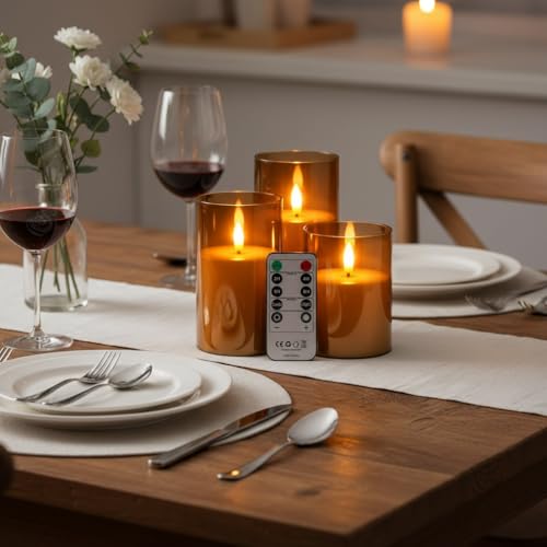 Oyajia Led Flameless Candles,Battery Operated Flickering Candles Pillar,Gold Glass Effect with Remote Timer,Three Size Electric Candles Creating an Atmosphere for Dinner,Light Up The Room Gray