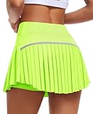 JoyGirl Tennisrock Damen mit Hose Drunter Plissee Skort Sport Mini Rock Hohe Elastische Taille Golf Rock Laufrock Skirt mit Taschen (Grün fluoreszierend,M)