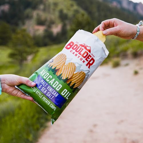 Image of Boulder Canyon Kettle Cooked Potato Chips Wavy Cut 5.25 oz. Bag Count -Crunchy Chips Cooked in 100 Great for Lunches or Snacking on the Go, Malt Vinegar & Sea Salt, Avocado Oil, 63 Ounce, (Pack of 12)