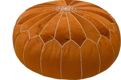 Burnt Orange Moroccan Velvet Floor Pouf – Round Ottoman Cushion with Mandala Embroidery, Handcrafted Panel Stitching, Boho