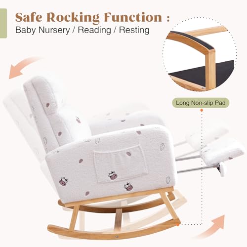 Image of HCHAIRH Rocking Chair Nursery with Foot Rest, Nursing Rocking Chairs for Mom Breastfeeding, Teddy Rocker Glider Chair with High Backrest for Living Room, Bedroom, Cow Printed White