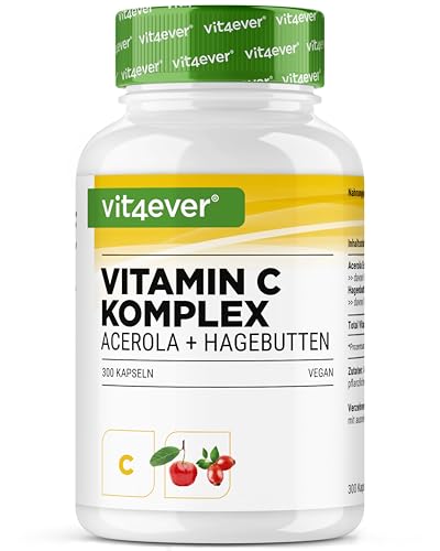 vit4ever Natürlicher Vitamin C Komplex - 300 Kapseln im 5 Monatsvorrat - Acerola-Extrakt & Hagebutten-Extrakt mit 400 mg Vitamin C pro Tagesportion - Hochdosiert - Vegan