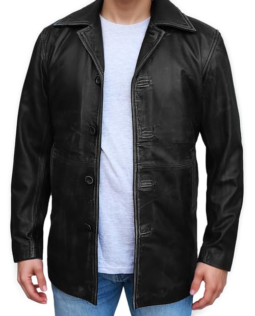 Image of Mens Genuine Super Natural Leather Jacket - Distressed Leather Jacket Car Coat